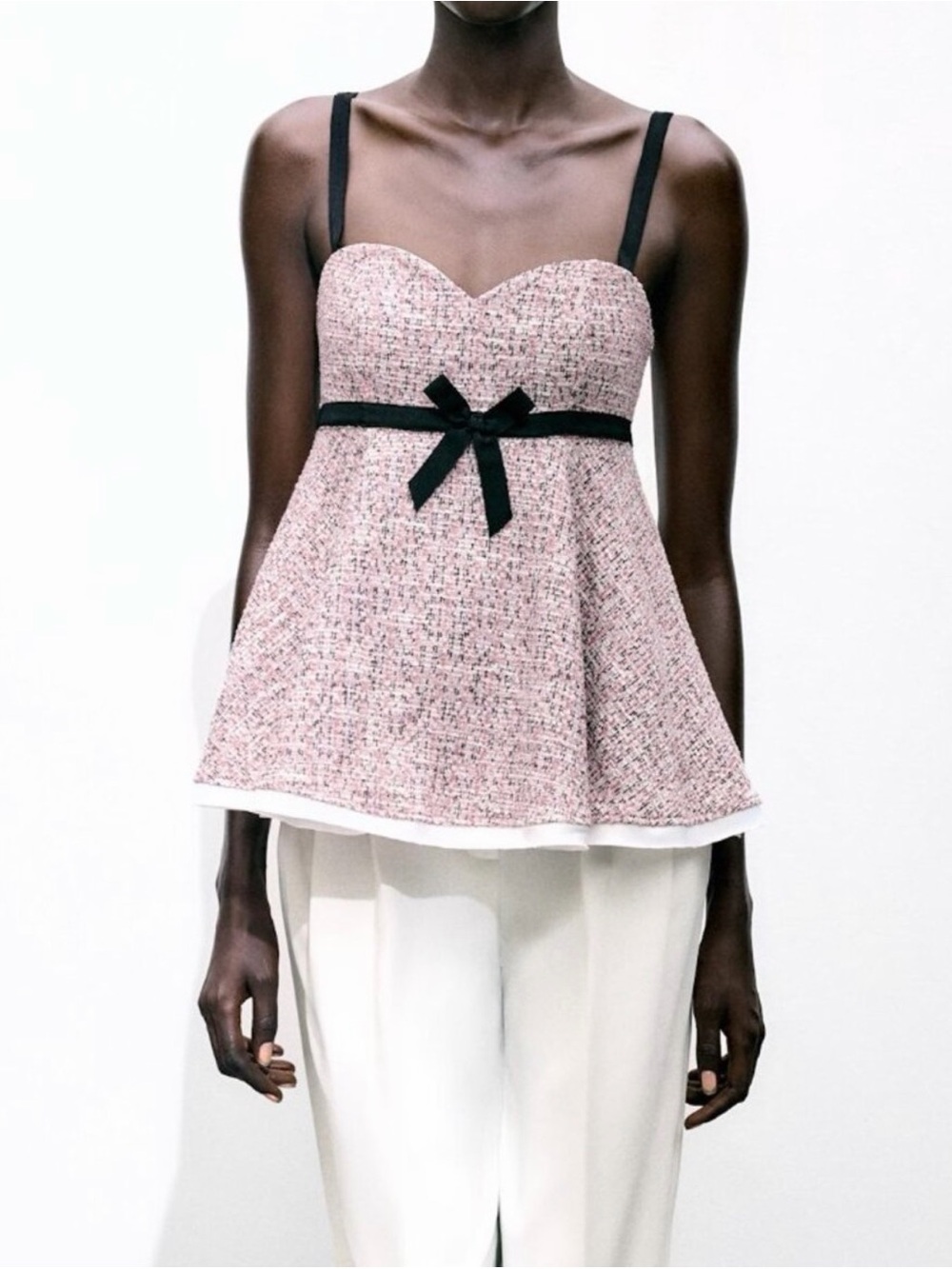 Zara Pink Tweed Sweetheart Camisole with Black Straps